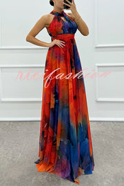 Elaine Tulle Floral Splash Print Cutout Halter Tie-up Neck Gown Maxi Dress