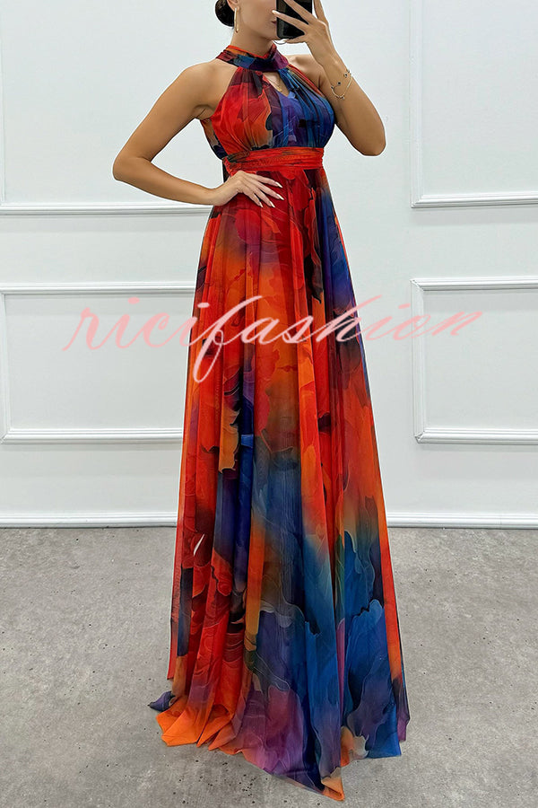 Elaine Tulle Floral Splash Print Cutout Halter Tie-up Neck Gown Maxi Dress