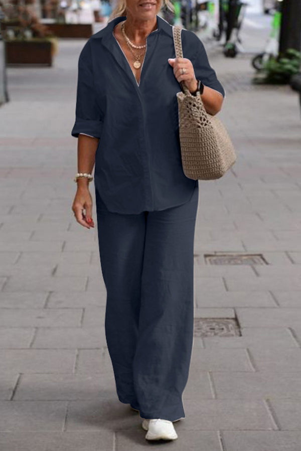 Solid Color Casual Long-sleeved Shirt and Elastic Waisted Loose Wide-leg Pants Set