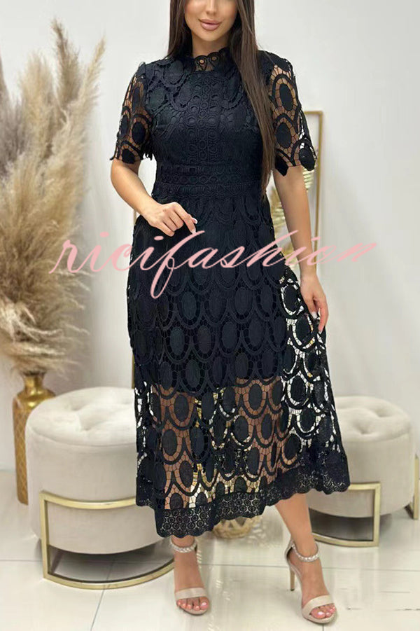 Elegant Crocheted Cutout Lace Short-sleeved Stand-collar Midi Dress