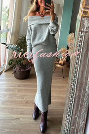 Luka Ribbed Knit Off Shoulder Long Sleeve Sweater and Stretch Maxi Skirt Set