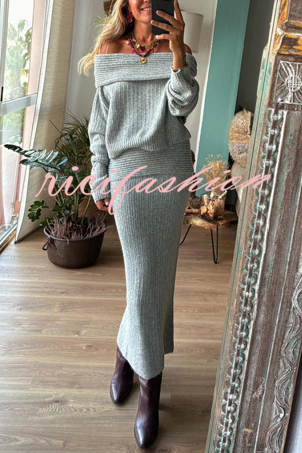 Luka Ribbed Knit Off Shoulder Long Sleeve Sweater and Stretch Maxi Skirt Set