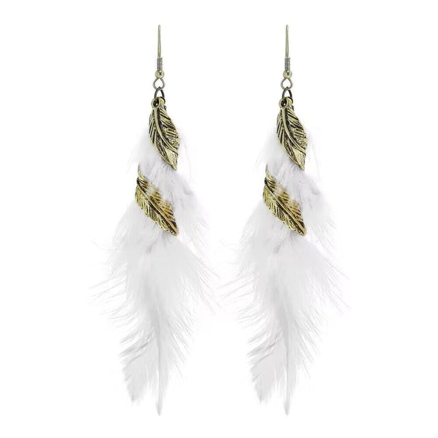 Vintage chain tassel bohemian feather earrings