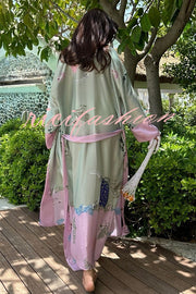 Karty Satin Unique Print Long Sleeve Belt Lapel Kimono Cover-ups