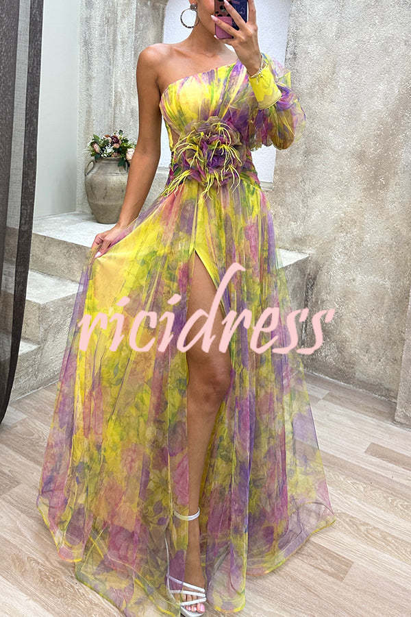 Picturesque Beauty Tulle Floral Pleated One Shoulder Sleeve Slit Maxi Dress