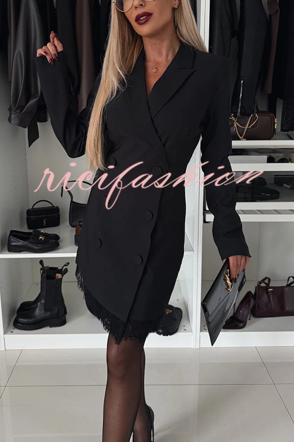 Confidence Style Button Up Lapel Lace Trim Blazer Mini Dress