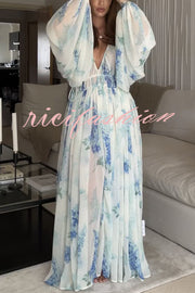 Headed To The Ocean Chiffon Floral Drawstring Waist Maxi Dresses