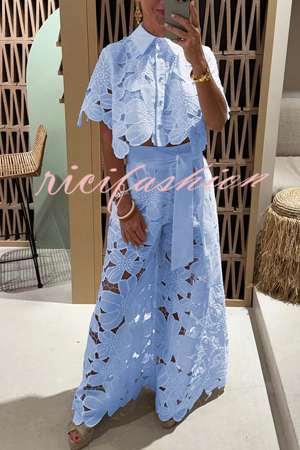 Redefining Elegance Floral Lace Cropped Shirt and Belt Pocketed Wide Leg Pants Set