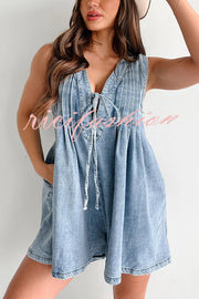 Downtown Daze Denim Pleated Tie-up Pocketed Loose Romper