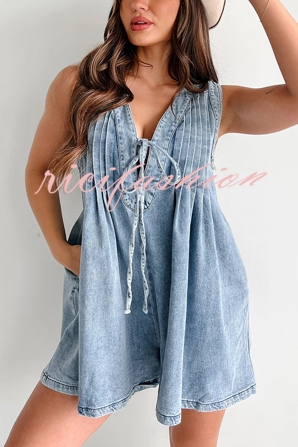 Downtown Daze Denim Pleated Tie-up Pocketed Loose Romper