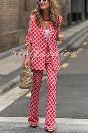 Chic Lady Unique Print Metal Button Pocketed Lapel Blazer and Elastic Waist Flare Pants Set