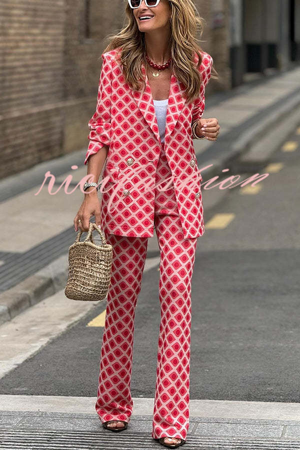 Chic Lady Unique Print Metal Button Pocketed Lapel Blazer and Elastic Waist Flare Pants Set