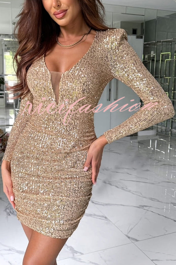 Dreamy and Dazzling Sequin Mesh V-neck Long Sleeve Ruched Stretch Mini Dress