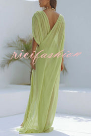 Enjoy Your Vacation Linen Blend Ruched Shoulder Drape Loose Cover Up Maxi Dress