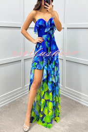 Loving Moment Gradient Unique Print Flowing Layered Ruffles Strapless Slit Maxi Dress