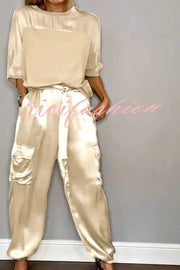 Calissa Smooth Satin Half-sleeved Top and Elastic Waist Pocket Pants Set