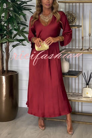 Solid Color V-neck Long-sleeved Loose Draped Maxi Dress