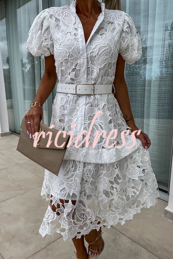 Absolutely Elegant Floral Crochet Lace Puff Sleeve Belted Shirt Midi Dress