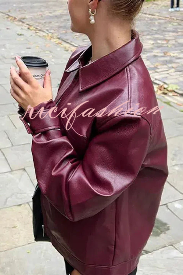 Y2K Burgundy Faux Leather Pocketed Zipper Loose Jacket