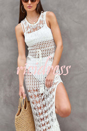 Sunset Cocktail Knit Crochet Tassel Trim Cover-up Maxi Dress