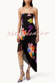 Island Girl Era Floral Print Tassel Trim Bandeau Stretch Midi Dress