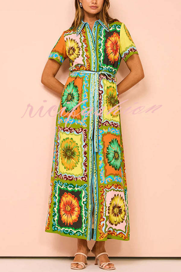 Exaggerated Unique Print Lace Up Button Maxi Dress