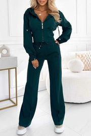 Solid Color Hooded Zip-up Jacket and Elastic Waist Pocket Wide-leg Pants Set