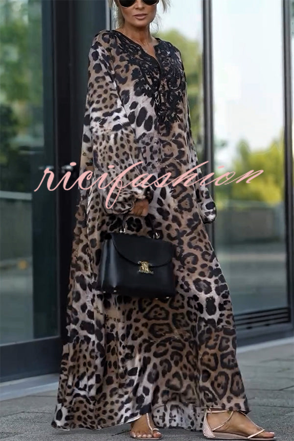 Rayna Lace Mixed Leopard Print Balloon Sleeve A-line Maxi Dress