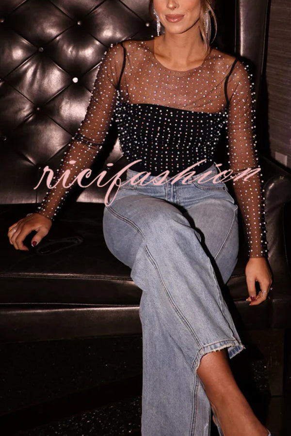 Party Princess Mesh Pearls and Rhinestones Detail Long Sleeve Sheer Top