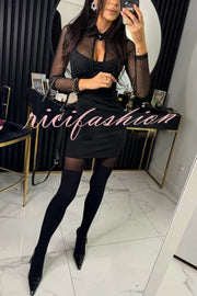 Stevie Mesh Glitter Fabric Cutout Shirt Neck Long Sleeve Stretch Mini Dress