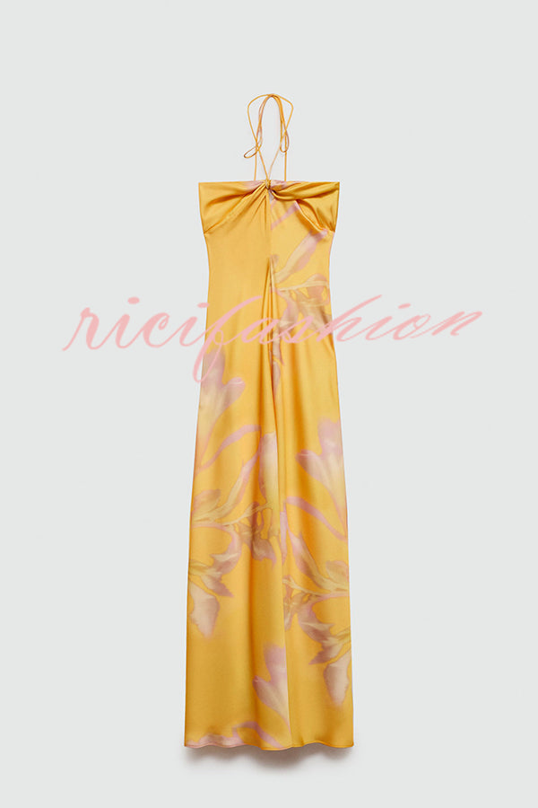 Catalina Island Satin Floral Print Twist Bust Halter Maxi Dress