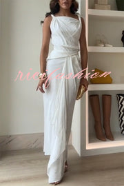 Sculptural Effect Linen Blend Twisted Shoulder Strap Drape Maxi Dress