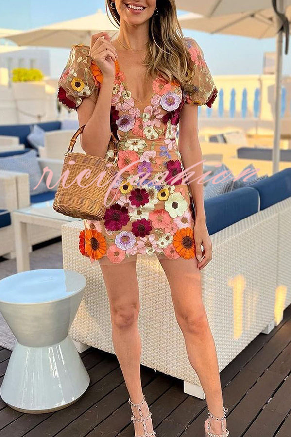 Garden Gala Embroidered Floral Applique Puff Sleeve Mini Dress