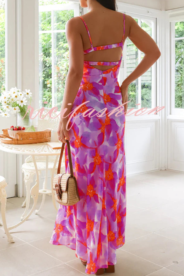 Debbie Floral Print Gathered Open Back Strappy Maxi Dress