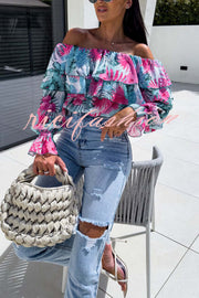 Colorful Botanical Print Sexy Off-shoulder Ruffle Top