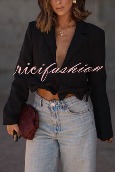 So Chic Bow Trim Long Sleeve Lapel Crop Blazer