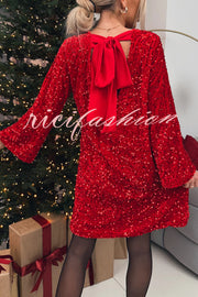 Velvet Sequin Back Bow Bell Sleeves Loose Mini Dress