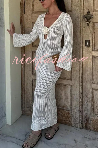 Bahamas Knit Long Bell Sleeve Sexy Backless Holiday Cover-up Maxi Dress