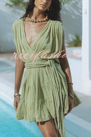 Glimpse of Happiness Linen Blend Draped Braids Belt Cover Up Mini Dress