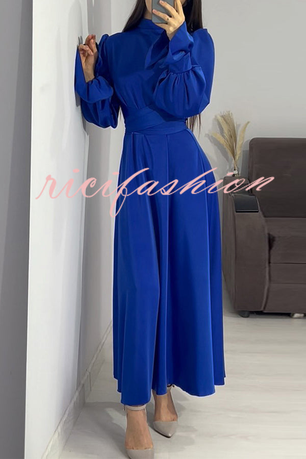 Solid Color Ruffled Sleeves Waisted Tie Slim Fit Maxi Dress