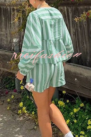 Stylish Striped Print V-neck Tie Top and Elastic Waist Loose Shorts Set