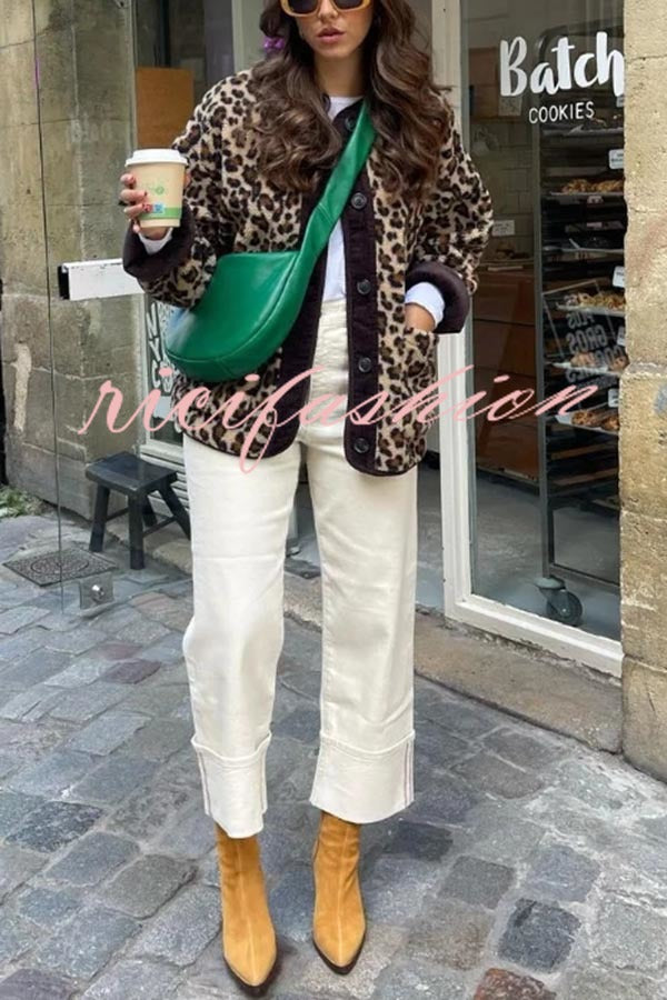 Warm Feel Colorblock Leopard Print Plush Button Up Pocketed Teddy Jacket