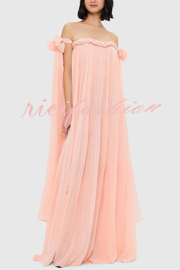 Fairy Spirit Tulle Braided Neckline Tie Arm Straps Pleated Maxi Dress