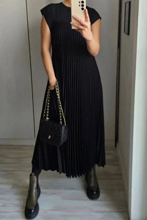 Solid Color Round Neck Sleeveless Pleated Large Hem Maxi Dress