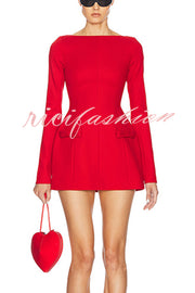 Budding Elegance Bow Detail Boat Neck Long Sleeve Mini Dress