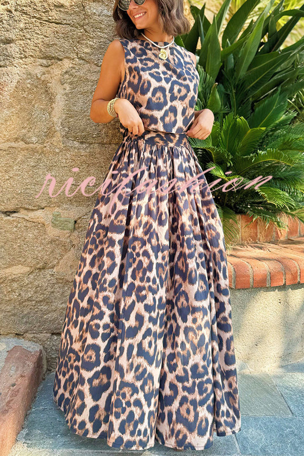 Lisa Leopard Print Back Tie-up Tank and Elastic Waist Pleated A-line Maxi Skirt