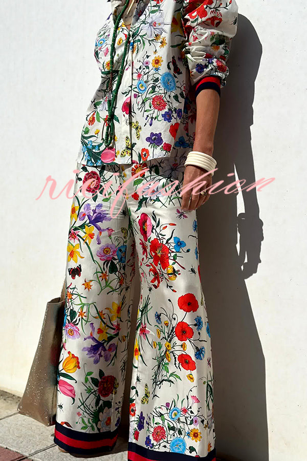 Fabulous Fiesta Satin Floral Unique Print Elastic Waist Pocketed Wide Leg Pants