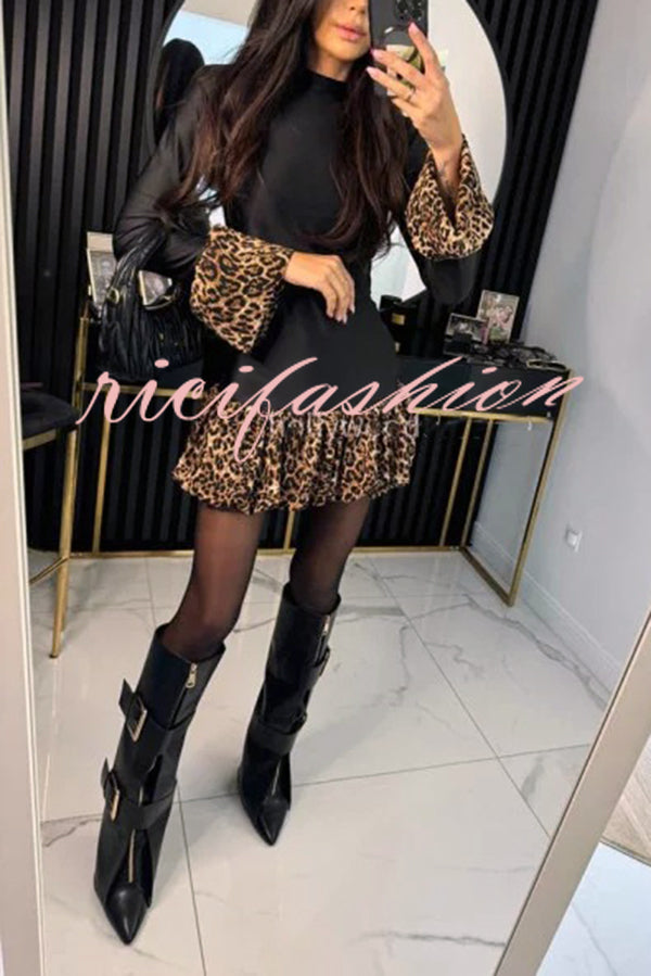 Fashionable Splicing Leopard Print Bell Sleeve Stretch Mini Dress