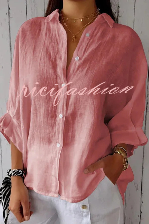 Linen Blend Solid Color Tie Back Loose Shirt Top