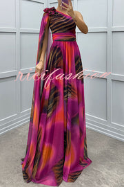 Lucia Unique Print Floral Detail One Shoulder Draped Sleeve Gown Maxi Dress